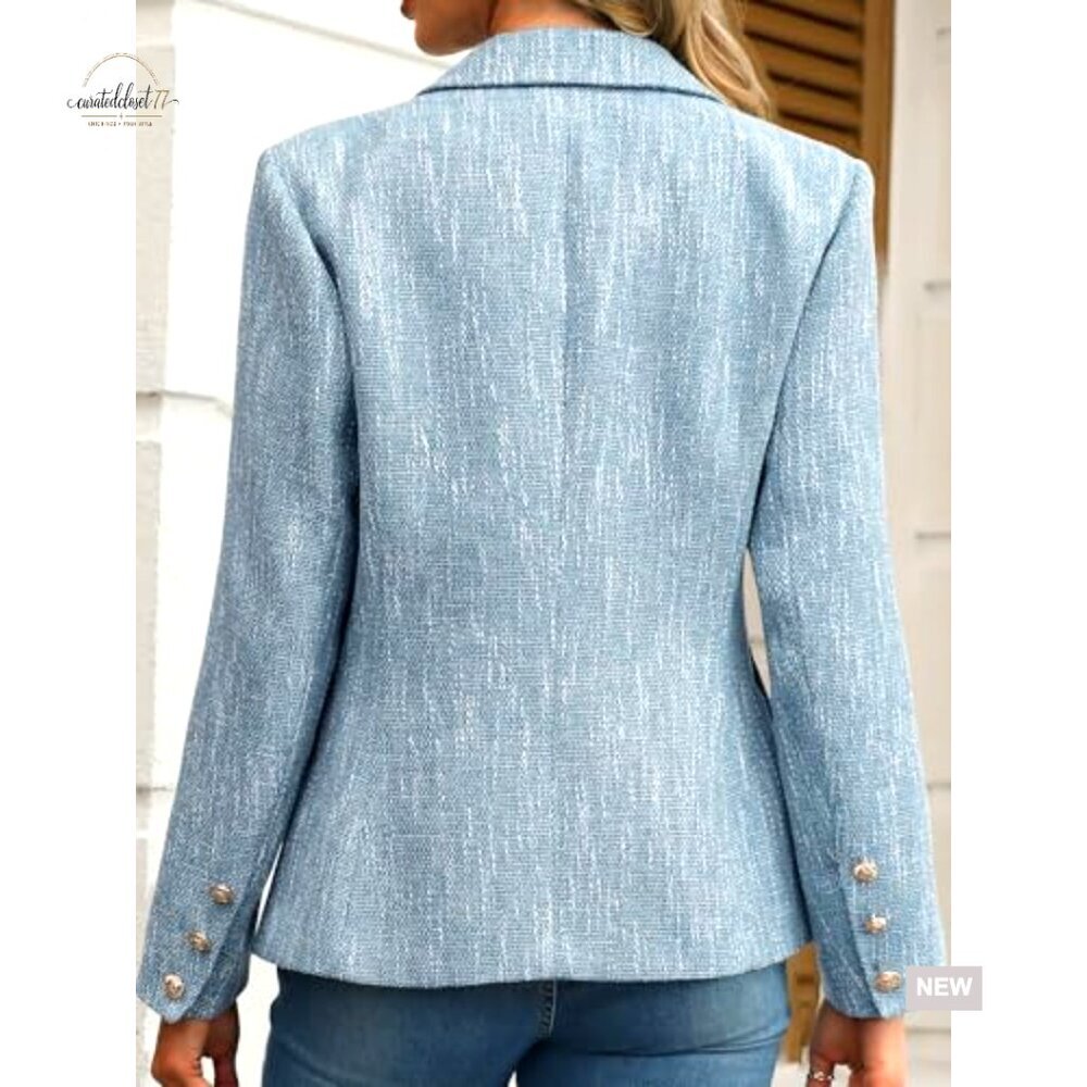 Women's Tweed Blazer Double Breasted Business Casual Jacket Long Sleeve - Picture 2 of 7
